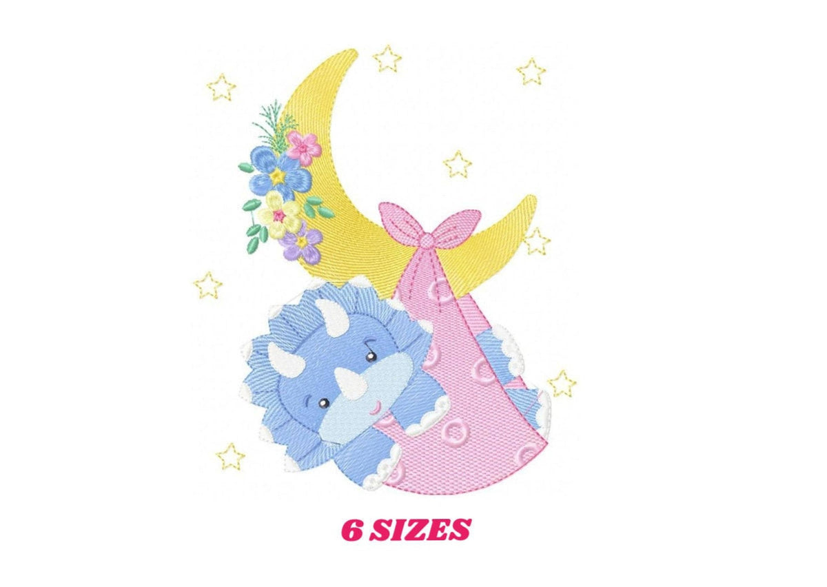 Thumbnail full view, baby dinosaur embroidery design showing sleeping blue triceratops on yellow moon, 6 sizes