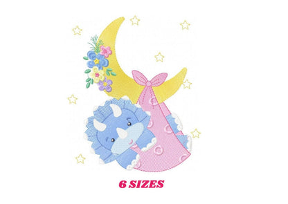 Thumbnail full view, baby dinosaur embroidery design showing sleeping blue triceratops on yellow moon, 6 sizes