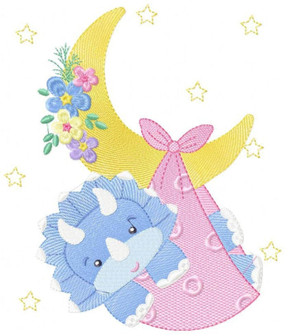 Close-up nursery view, baby dinosaur embroidery design with sleeping triceratops on blue cloud, pink bow and pastel flowers