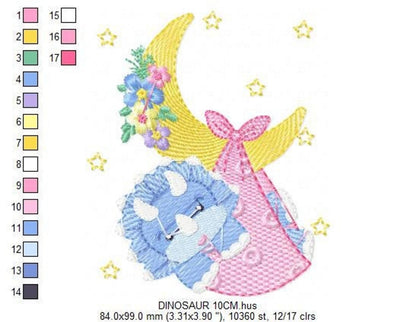 Medium layout, sleeping dinosaur embroidery pattern on cloud and crescent moon, pink bow detail and color key visible