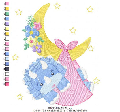 Detailed color sequence for nursery embroidery design, dinosaur applique for baby with thread blocks and numbered steps