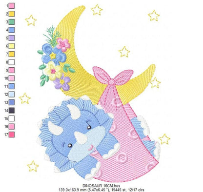 Close stitch map for cute dino embroidery file, ITH baby embroidery pattern showing blue triceratops, yellow moon and bow