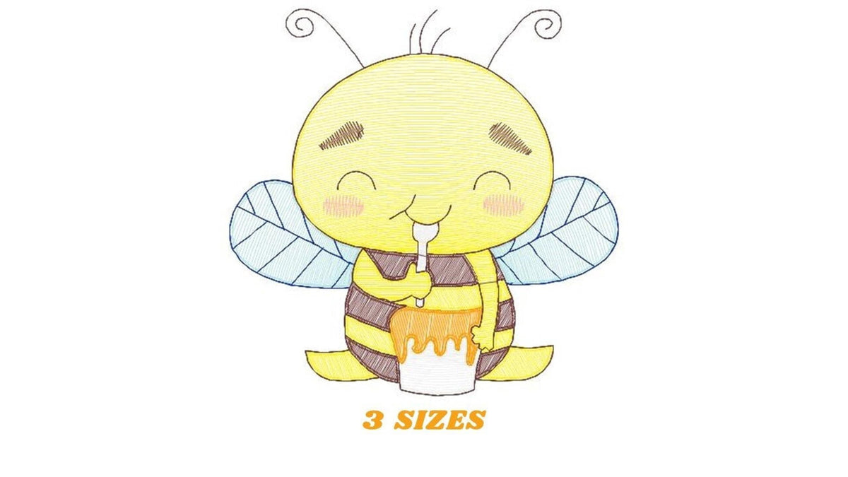 Thumbnail showing a cute bee embroidery design holding a honey pot, labeled 3 sizes