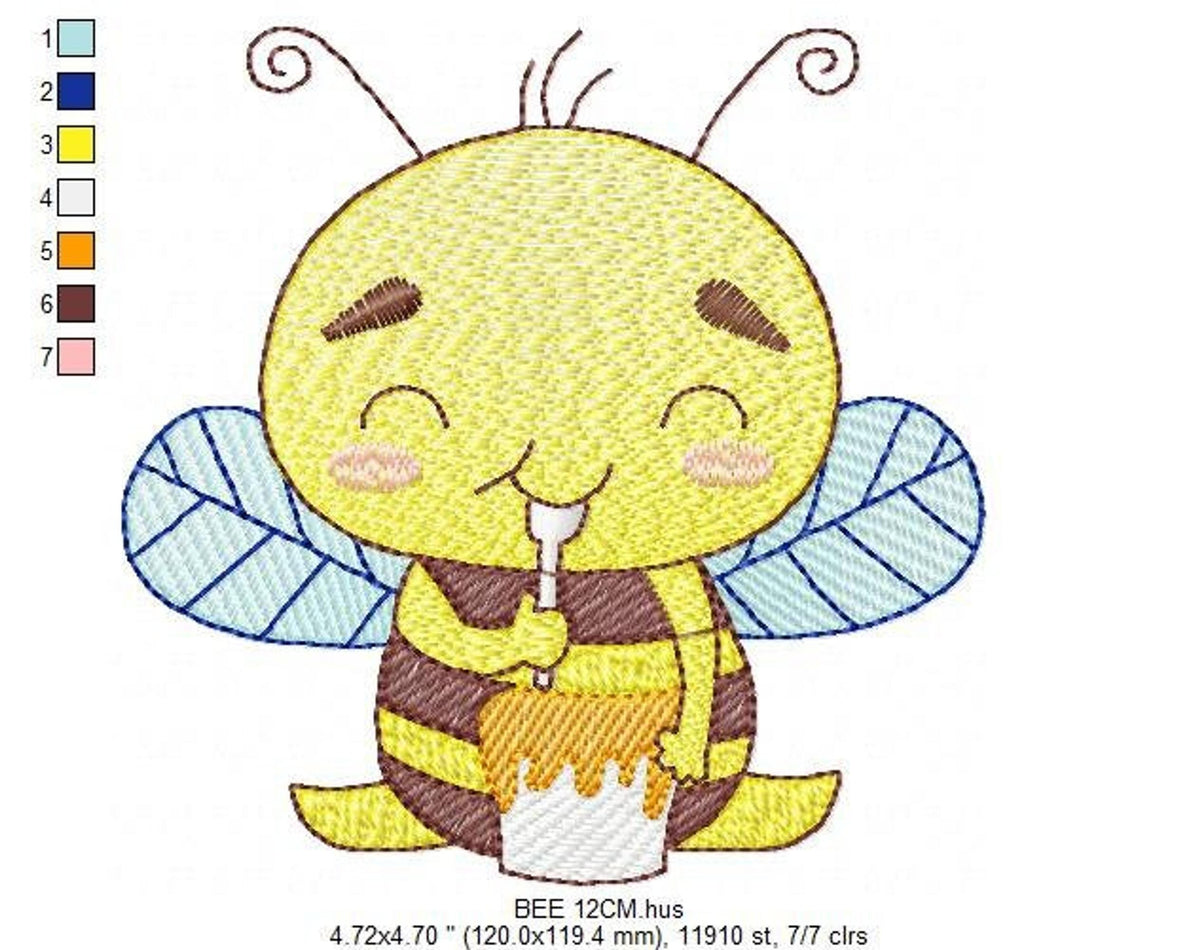 Full stitched view of baby bee machine embroidery design, brown stripes, eyelashes, soft blush cheeks