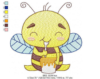 Full stitched view of baby bee machine embroidery design, brown stripes, eyelashes, soft blush cheeks