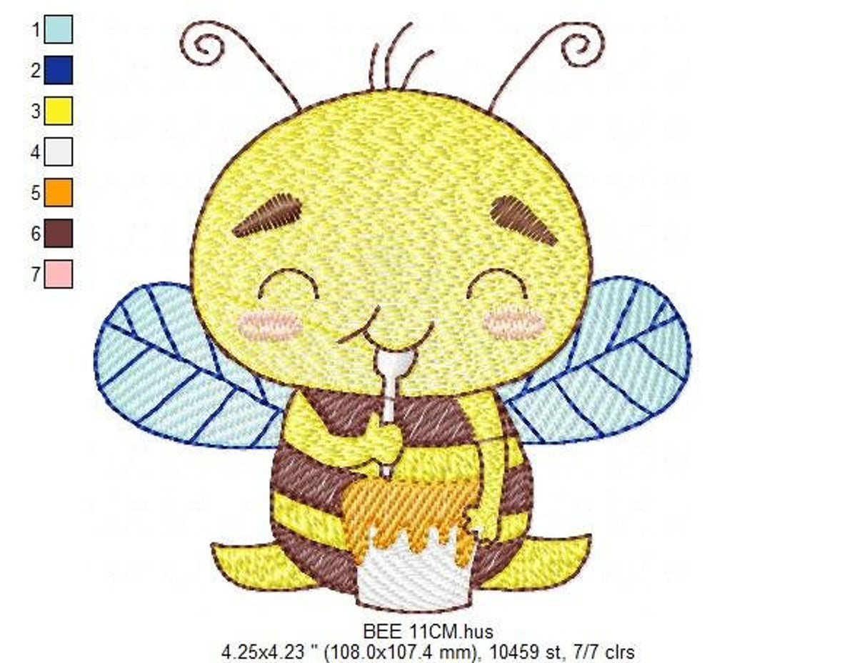 Detailed fill and satin stitching on the kawaii bee, honey pot and antennae clearly defined
