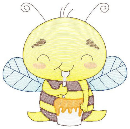 Cropped, large view of cute bee embroidery design smiling, honey dripping, rippled wings detailed