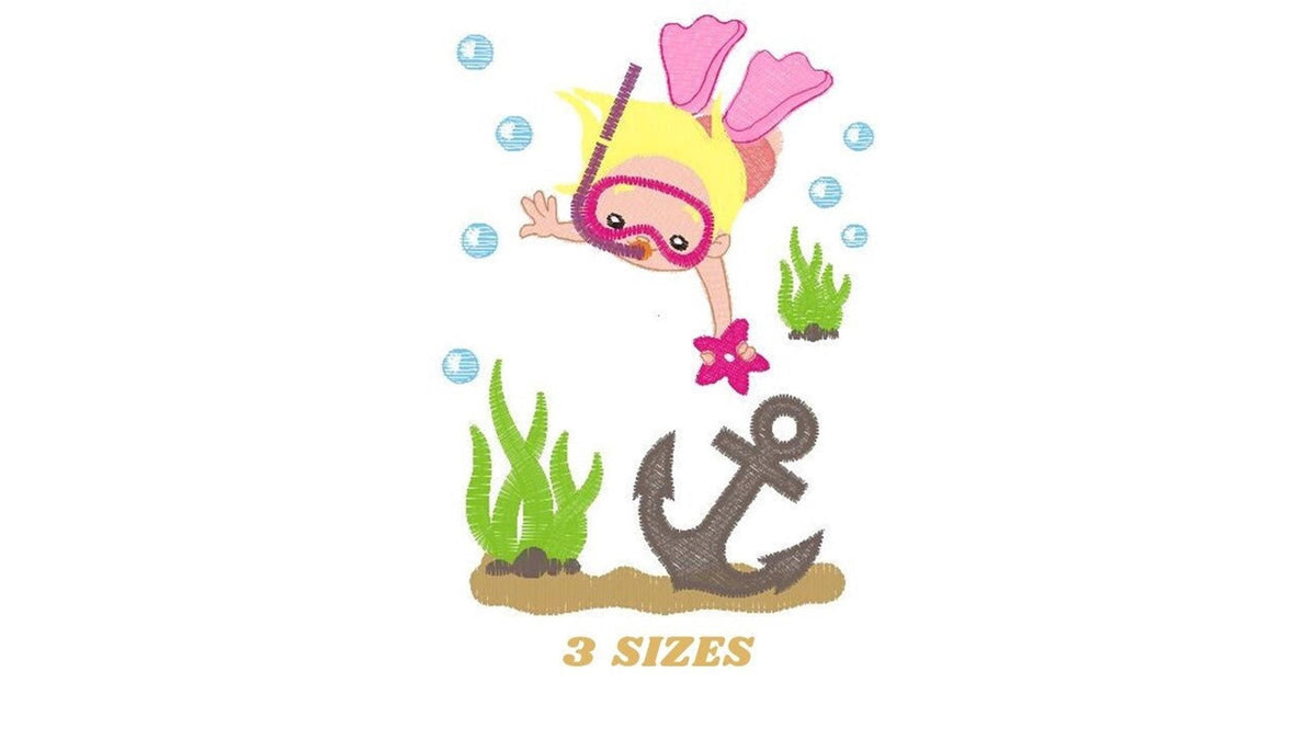 Full small layout of girl scuba diver embroidery design, anchor, seaweed, and sizes label