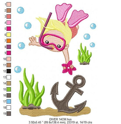 Stitch preview of girl scuba diver embroidery design, blonde diver, starfish, seaweed and anchor