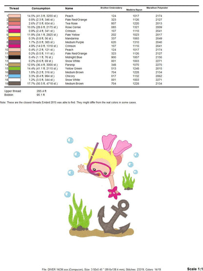 Detailed stitch and file summary for girl scuba diver embroidery design, color stops and specs listed