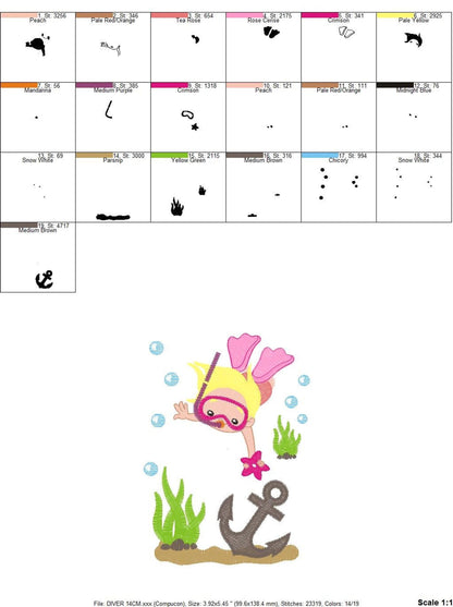 Hoop placement and size grid for girl scuba diver embroidery design, layout diagrams for download files