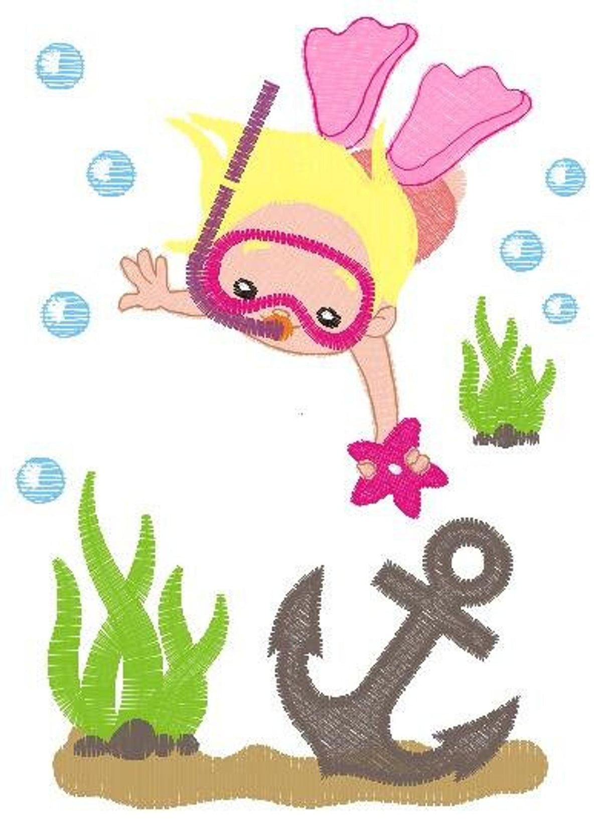 Cropped playful girl scuba diver embroidery design, pink snorkel, bubbles, seaweed and gray anchor