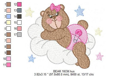 Design preview with color chart and size notes, pastel thread palette for baby bear machine embroidery design