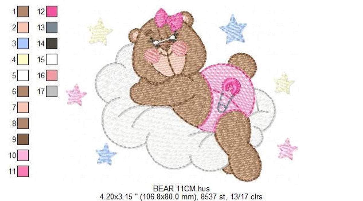 Centered small-scale preview, seven sizes listed, nursery bear embroidery file with cozy rippled stitch fill
