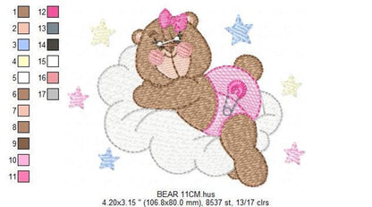Centered small-scale preview, seven sizes listed, nursery bear embroidery file with cozy rippled stitch fill