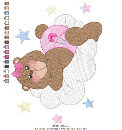 Sizing and thread key visible alongside the design, sweet baby shower embroidery design, newborn baby bear embroidery design