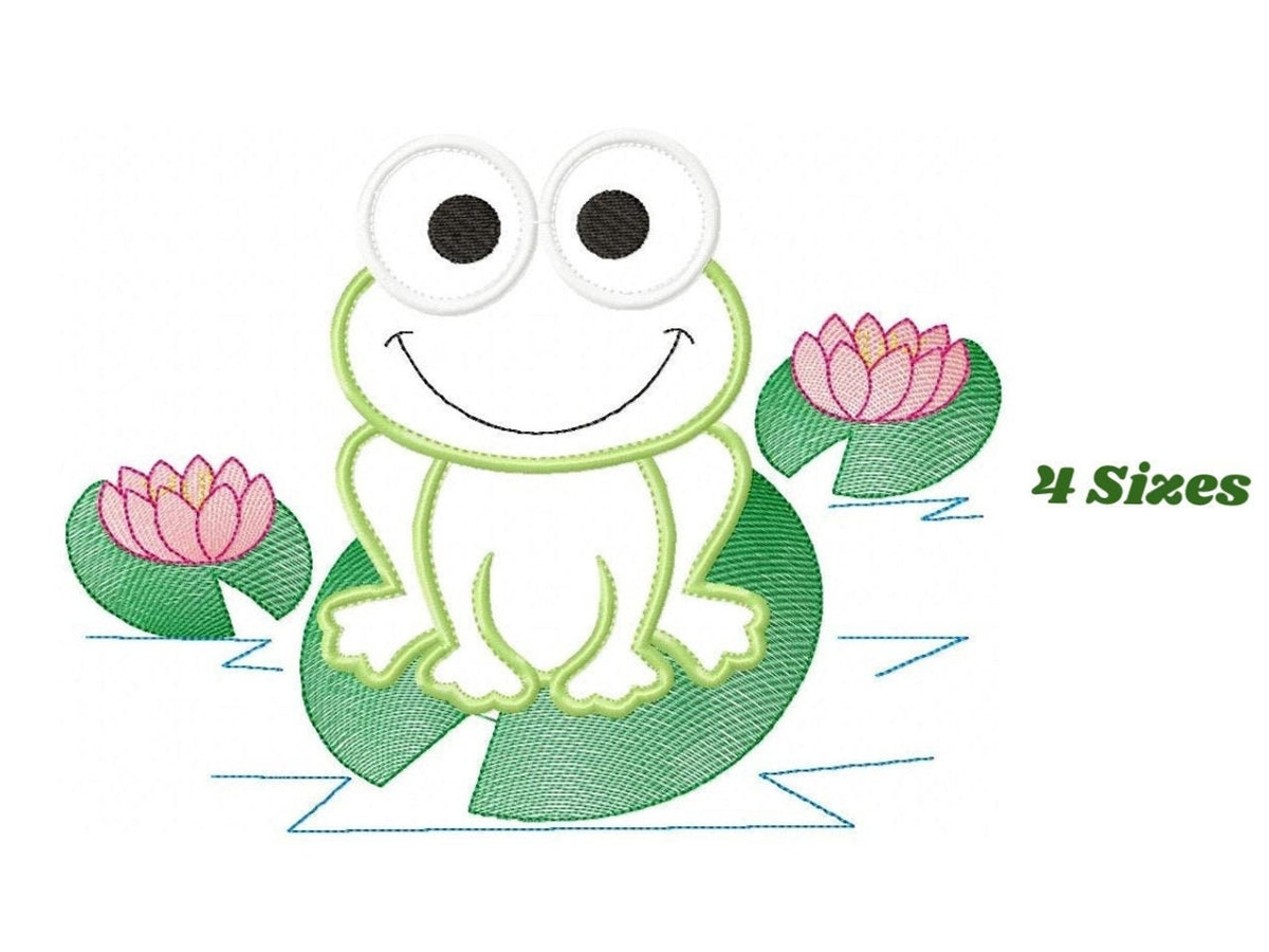 Small cartoon green frog sitting on a lily pad with pink water lilies, playful frog applique embroidery design mockup