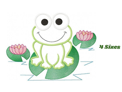 Small cartoon green frog sitting on a lily pad with pink water lilies, playful frog applique embroidery design mockup