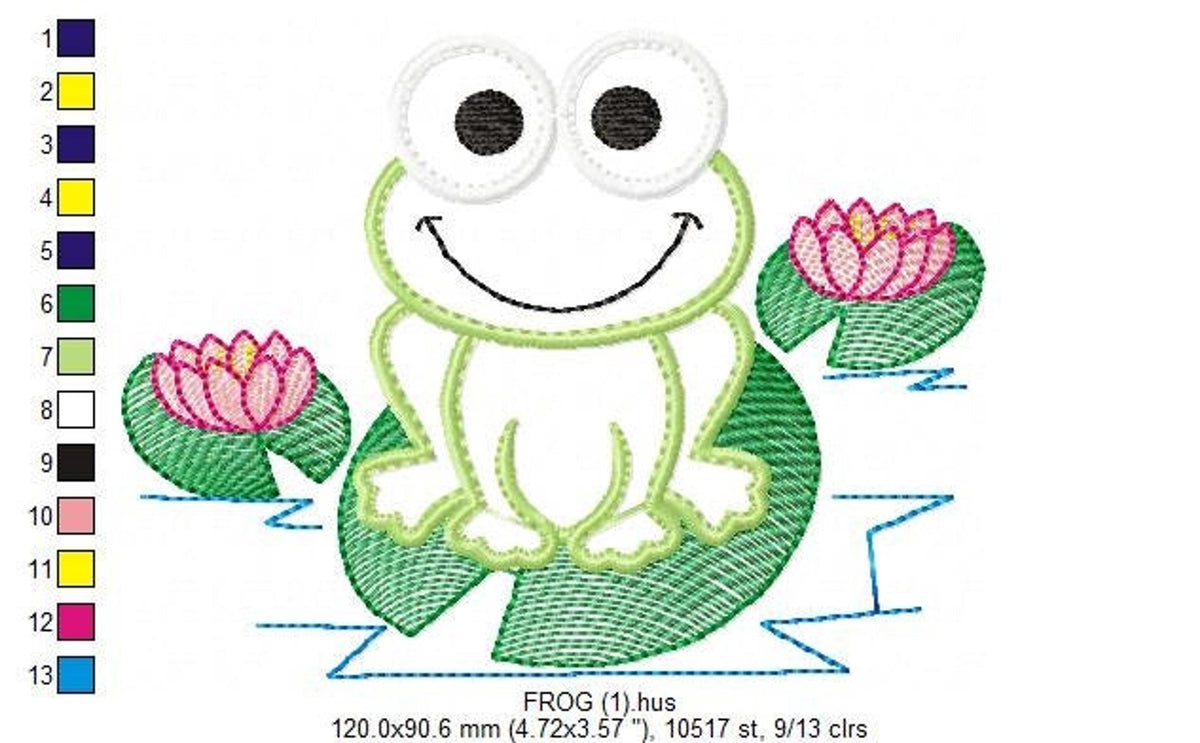 Same frog with vertical color chart and size guide visible, machine embroidery frog applique sample