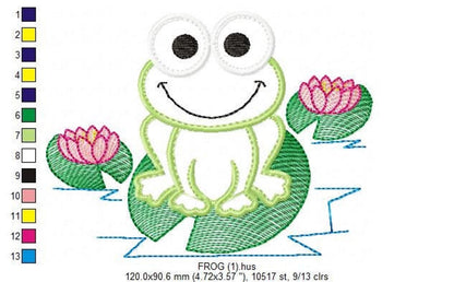 Same frog with vertical color chart and size guide visible, machine embroidery frog applique sample