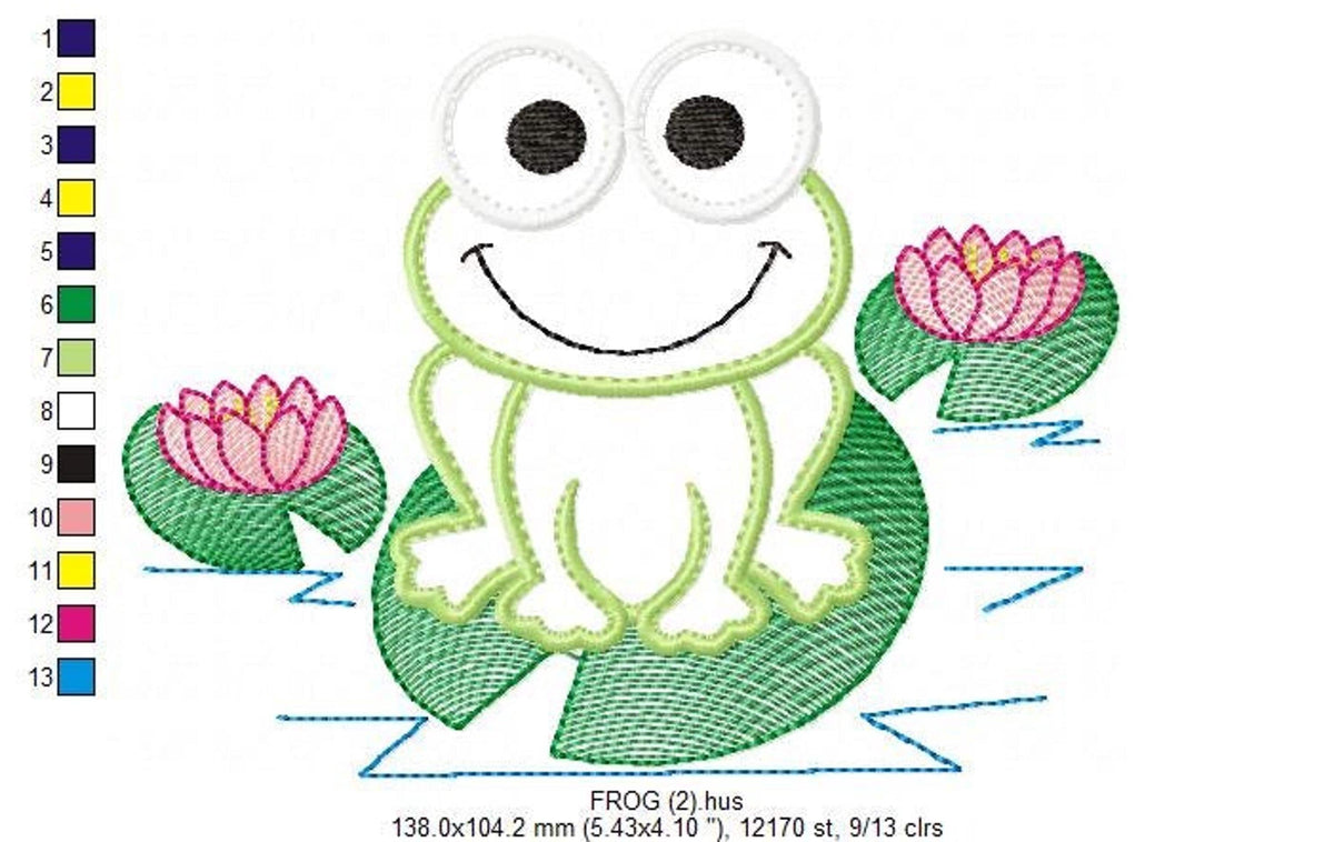 Larger scale frog on a lily pad, visible satin stitch texture and blue ripples, kids frog embroidery pattern