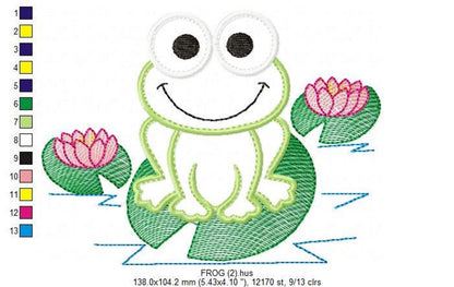 Larger scale frog on a lily pad, visible satin stitch texture and blue ripples, kids frog embroidery pattern