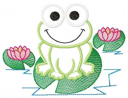 Close up showing filled applique and stitch outlines, friendly frog smile and pink water lily detail, cute frog embroidery design