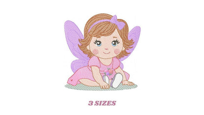 Small preview showing baby fairy embroidery design, sweet seated baby girl fairy in pink