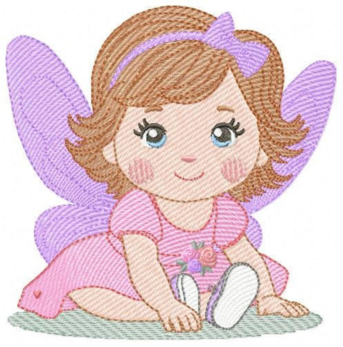 Close up of baby girl fairy embroidery design, filled textured stitches, brown hair bow and purple wings