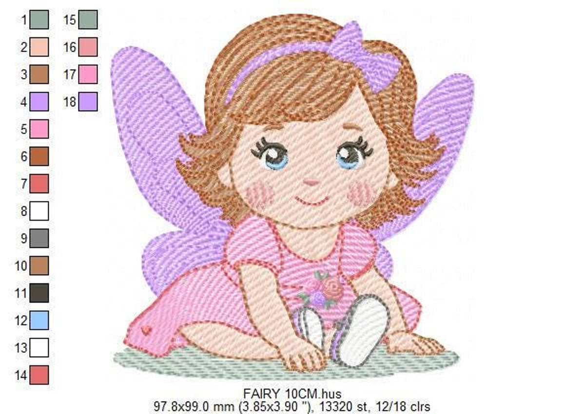 Baby fairy embroidery design with vertical color chart and stitch color blocks, three size sample