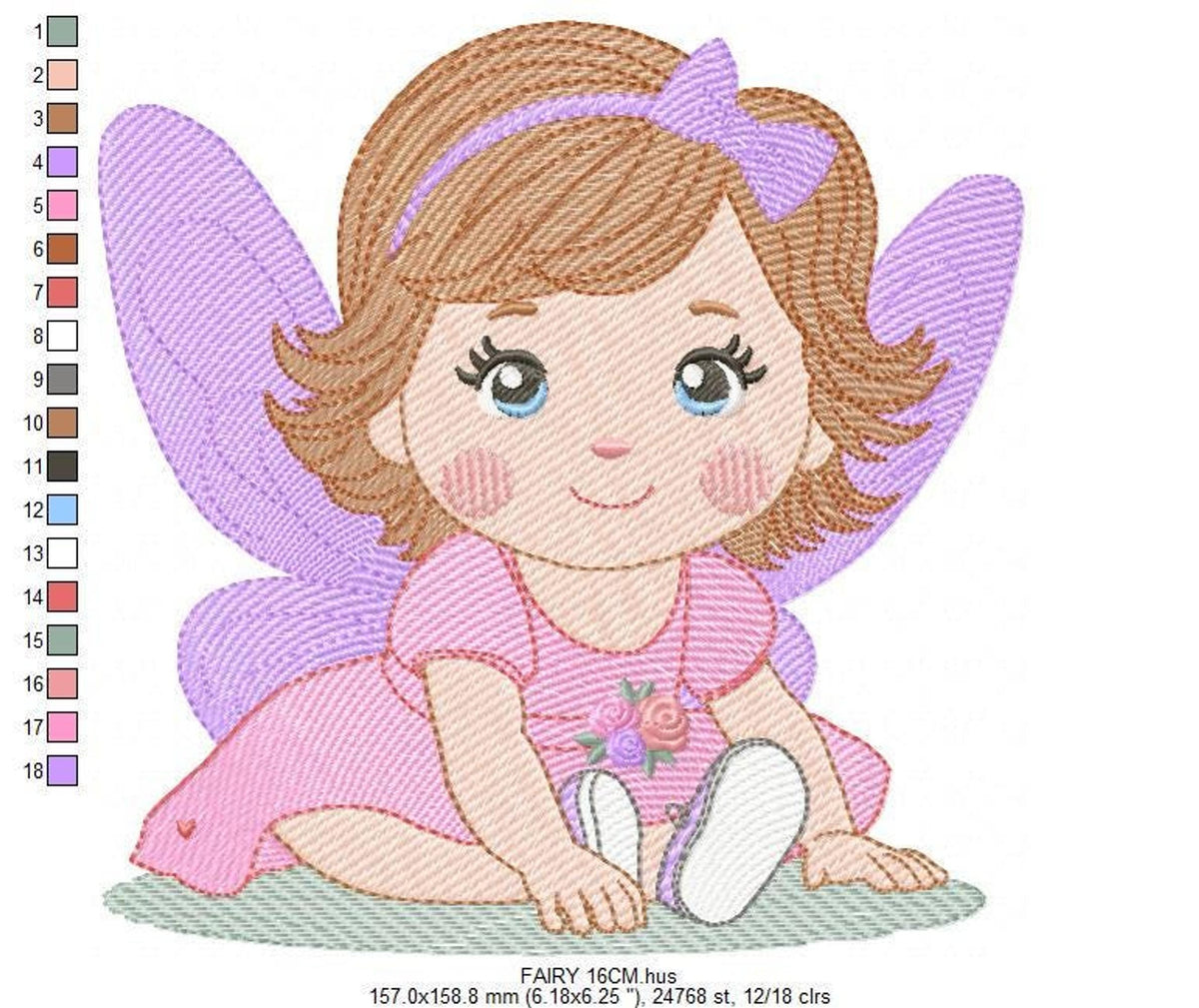 Detailed medium baby fairy embroidery design, textured fill stitches and side color palette for stitching