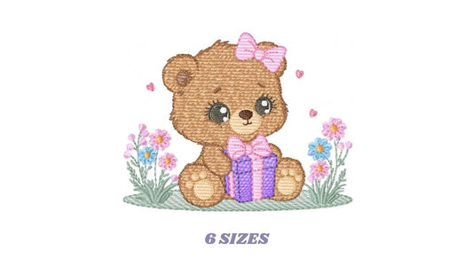 Small full view of baby girl teddy bear on grass with purple gift, birthday teddy bear embroidery design shown in six sizes