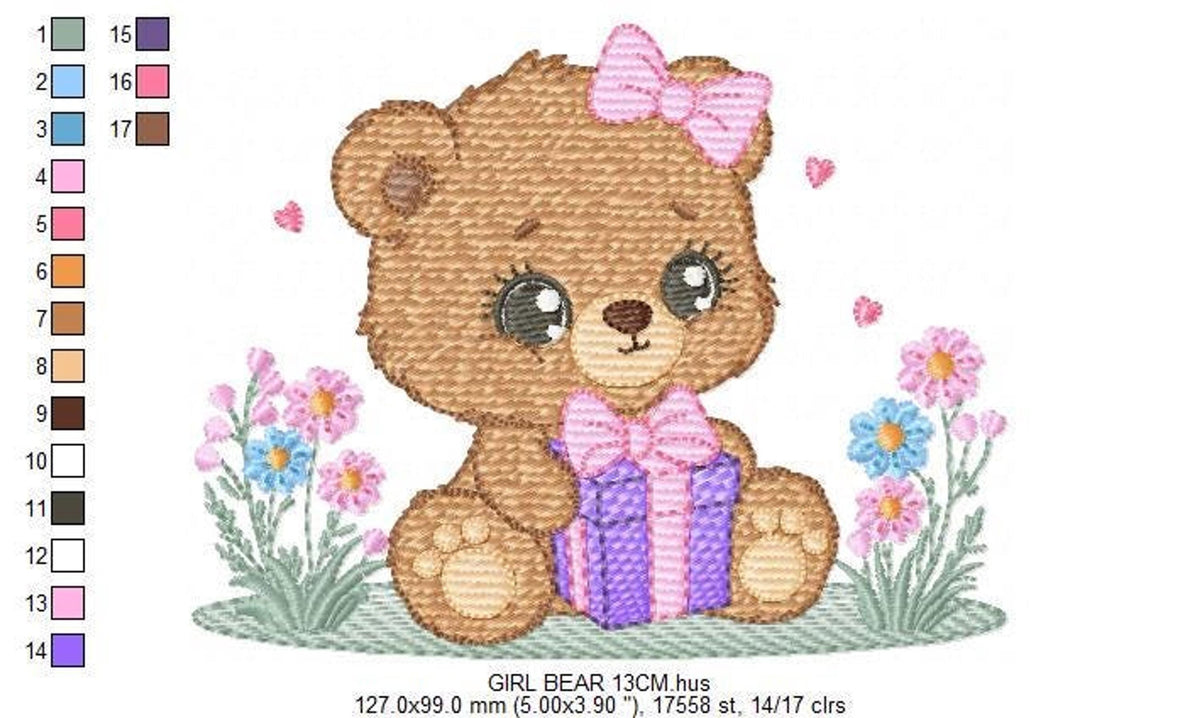Full design with right-side thread palette, baby girl bear with purple gift and pink flowers, birthday teddy bear embroidery design