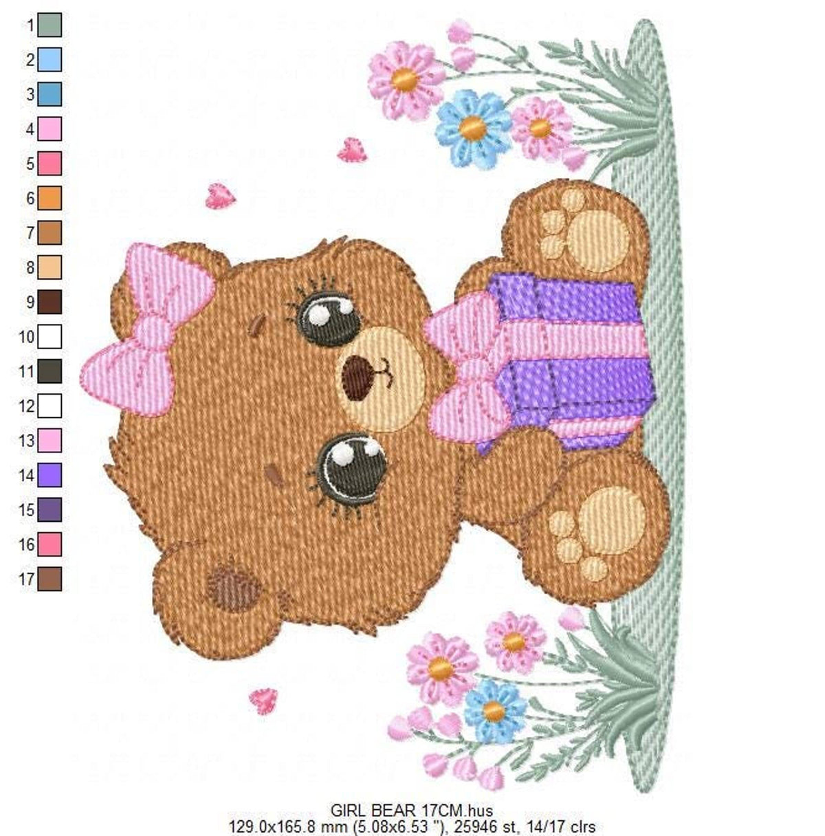 Vertical mockup showing the teddy bear rotated, hoop placement guides and color blocks, birthday teddy bear embroidery design