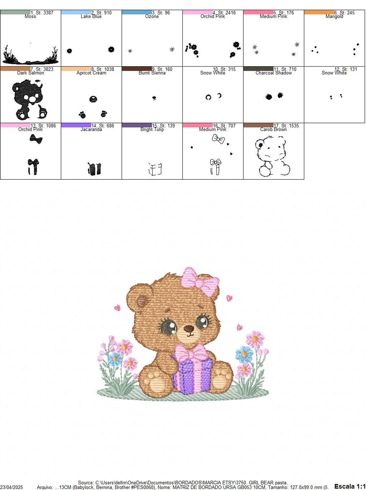 Stitch sequence and step maps with numbered color stops for assembly, baby girl bear embroidery pattern, birthday teddy bear embroidery design
