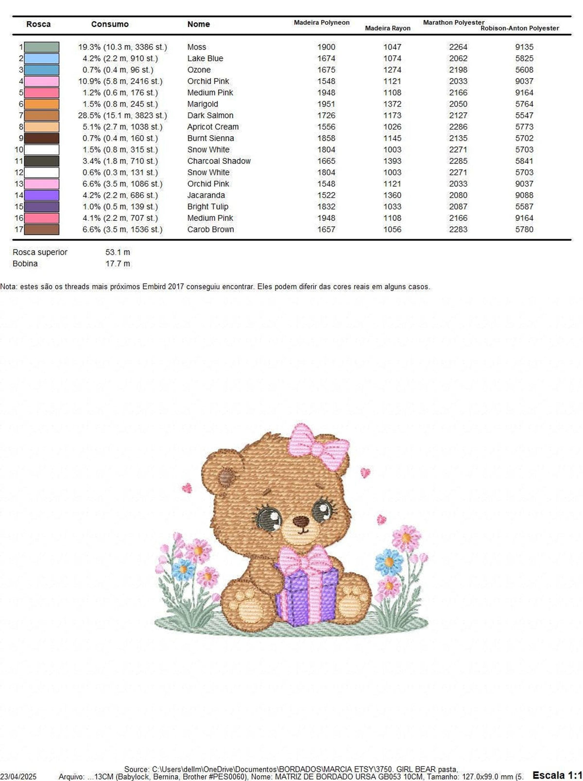 Thread color list, stitch counts and format table for machine embroidery files, embroidery design for baby bibs and burp cloths, birthday teddy bear embroidery design