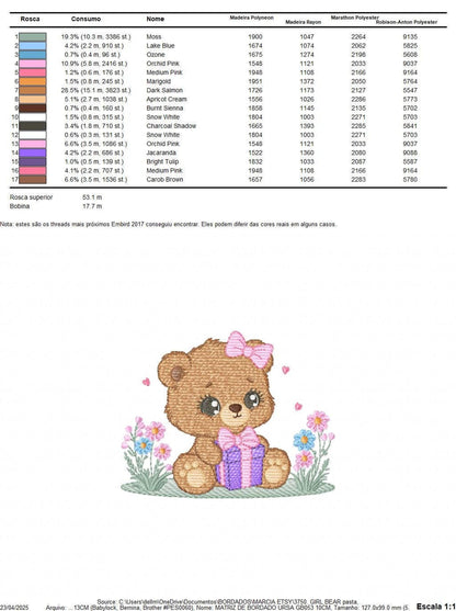 Thread color list, stitch counts and format table for machine embroidery files, embroidery design for baby bibs and burp cloths, birthday teddy bear embroidery design