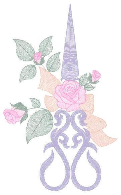 Close-up of upper ornate scissors and rose cluster, lacy vintage handles, scissors with roses machine embroidery design