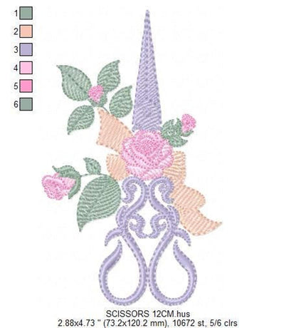 Detailed view with stitch color blocks and size labels beside tall ornate scissors, floral scissors embroidery pattern