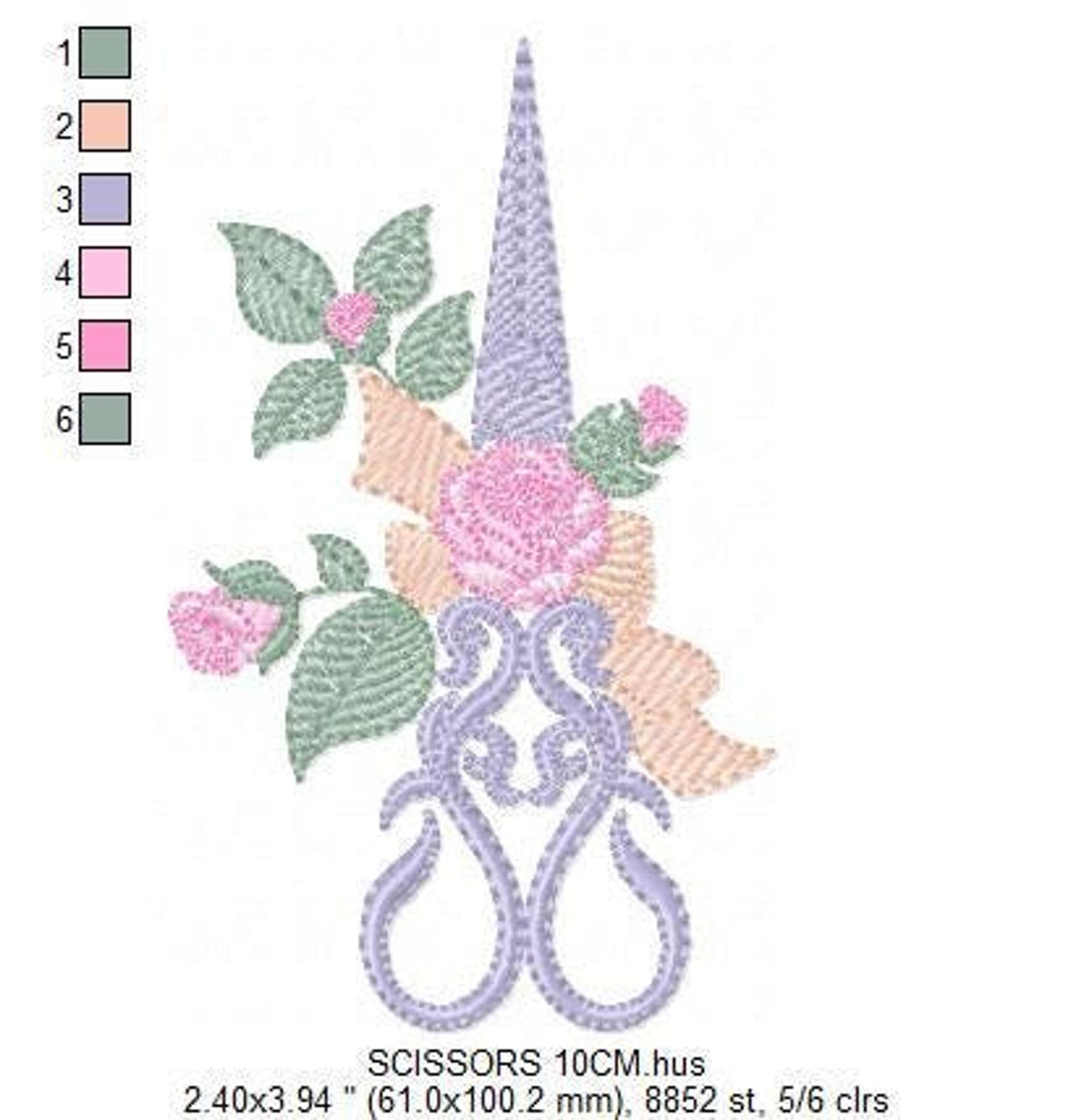 Full-length ornate lace scissors with pastel roses and foliage, color legend visible, sewing scissors machine embroidery