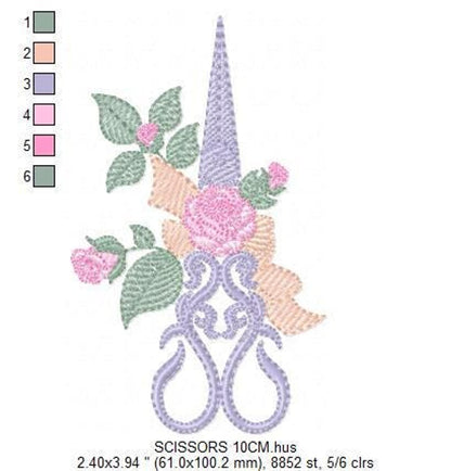 Full-length ornate lace scissors with pastel roses and foliage, color legend visible, sewing scissors machine embroidery