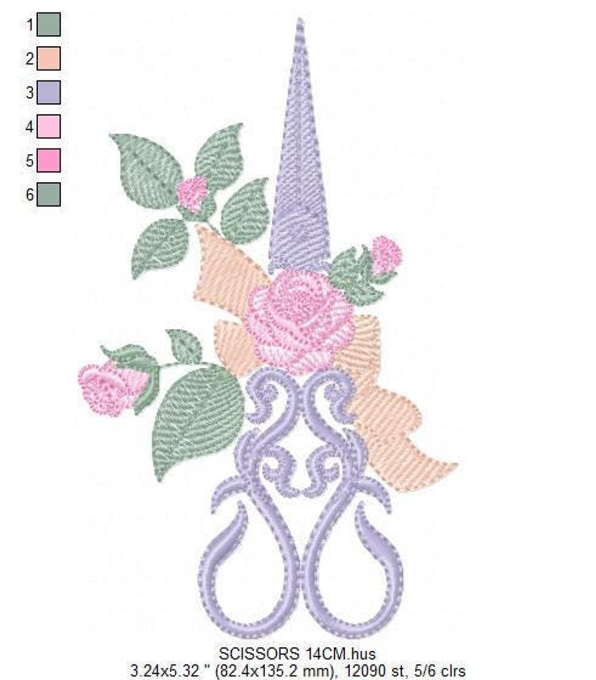 Medium scale decorative scissors with rose bouquet, format and stitch info beneath, seamstress embroidery design