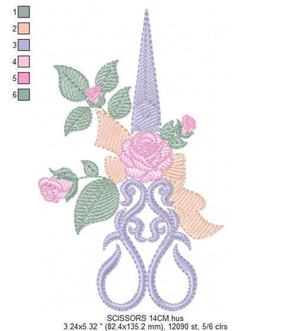 Medium scale decorative scissors with rose bouquet, format and stitch info beneath, seamstress embroidery design