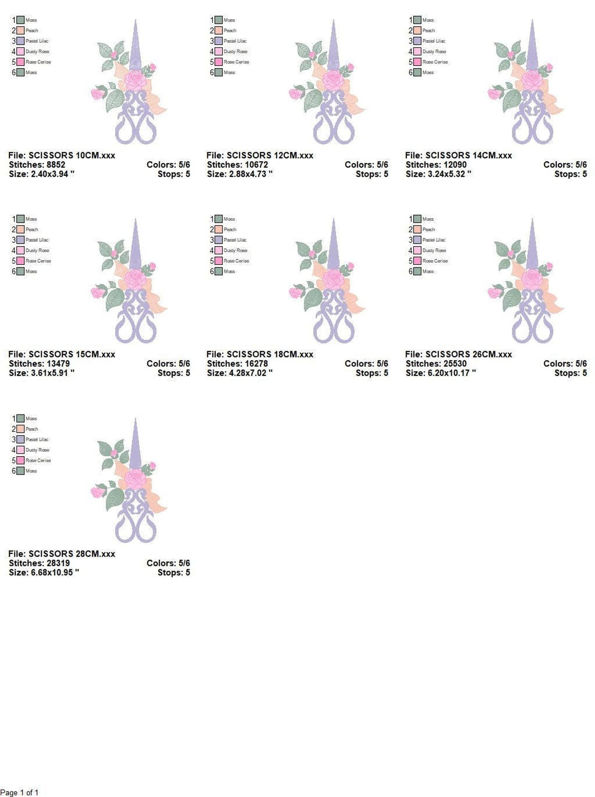 Specification sheet with seven thumbnails, stitch counts and dimensions for scissors with roses machine embroidery design