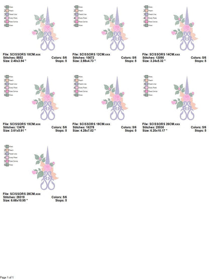 Specification sheet with seven thumbnails, stitch counts and dimensions for scissors with roses machine embroidery design