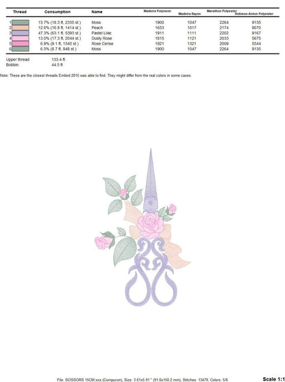 Small centered motif on white, delicate scissors entwined with rose flowers, embroidery design for towels and pillows