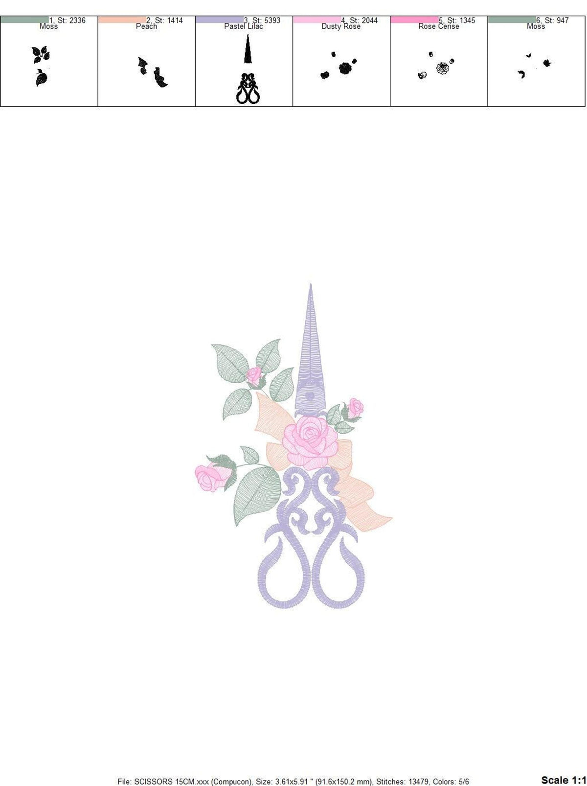 Tiny preview of lacy vintage scissors topped with pastel roses, ideal dressmaker embroidery pattern digital download