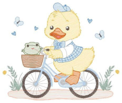 Close-up of a cute yellow duck on bicycle embroidery design, frog in wicker basket, pastel hearts and greenery