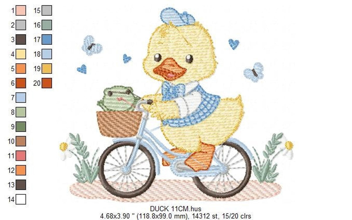 Design mockup with vertical color palette and size labels, duck riding bike embroidery design with stitch map