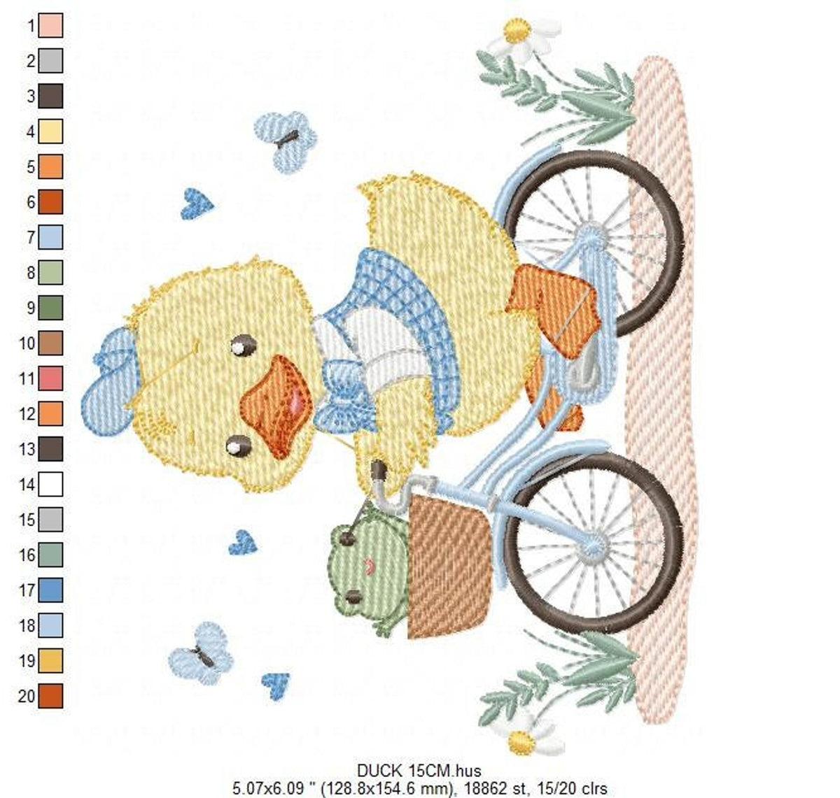 Large rotated preview showing fine stitch detail and soft pastel threadwork, cute duck machine embroidery pattern